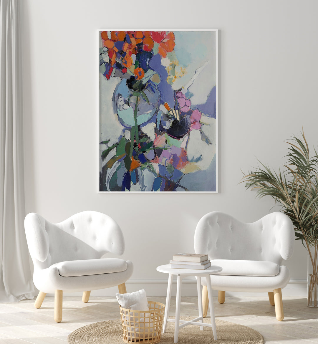 Vibrant ORANGE POPPIES, ABSTRACT PAINTINGS beautifully enhance home decor with colorful floral arrangements.