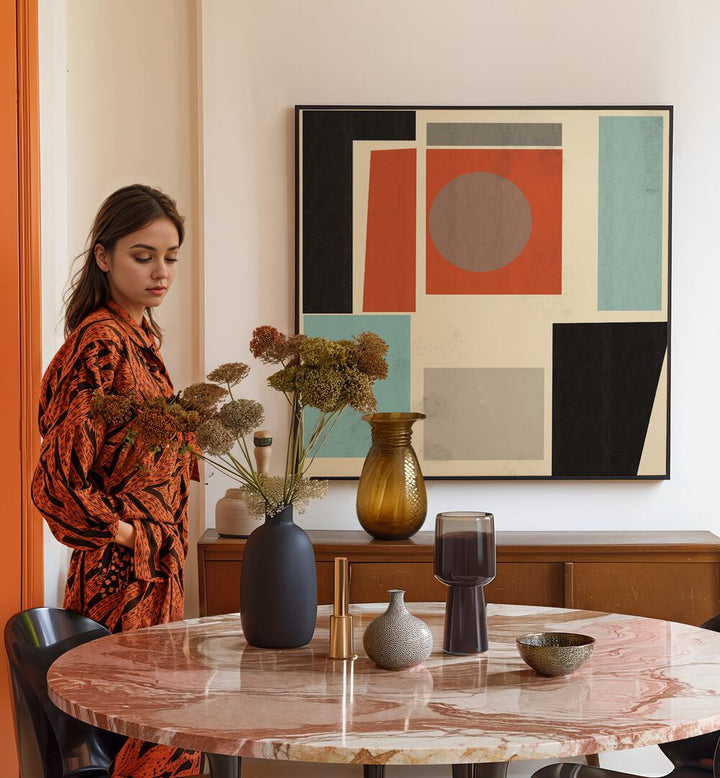 Stylish woman beside the GEOMETRIC POINT I art print from The Miuus Studio, enhancing modern decor with GEOMETRIC ART PRINTS.