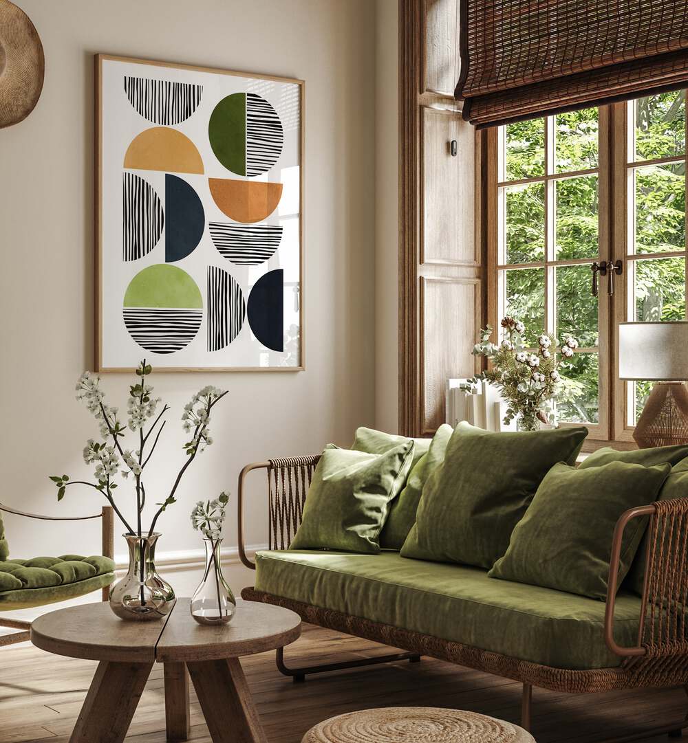 Bright and modern LINES AND CIRCLES, GEOMETRIC ART PRINTS enhance contemporary spaces with dynamic shapes and colors.