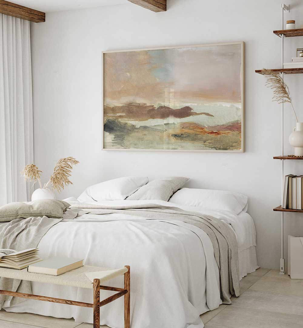 Serene bedroom featuring EARTHTONES I, LANDSCAPE PAINTINGS, enhancing tranquility and natural beauty in your space.