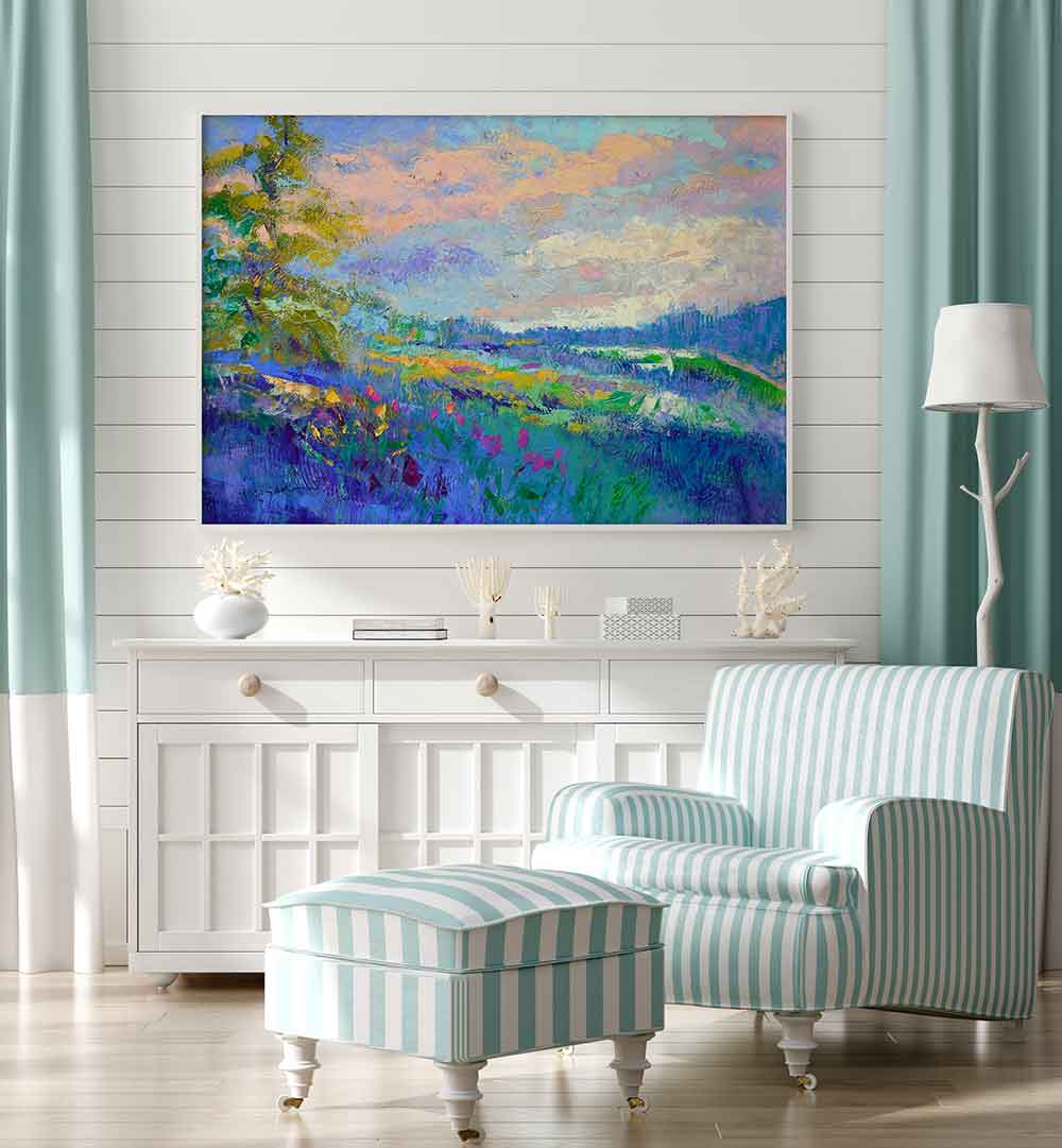 Seaside Gallery IMPRESSIONIST , LANDSCAPE PAINTINGS framed pastel meadow and river over white console and striped armchair