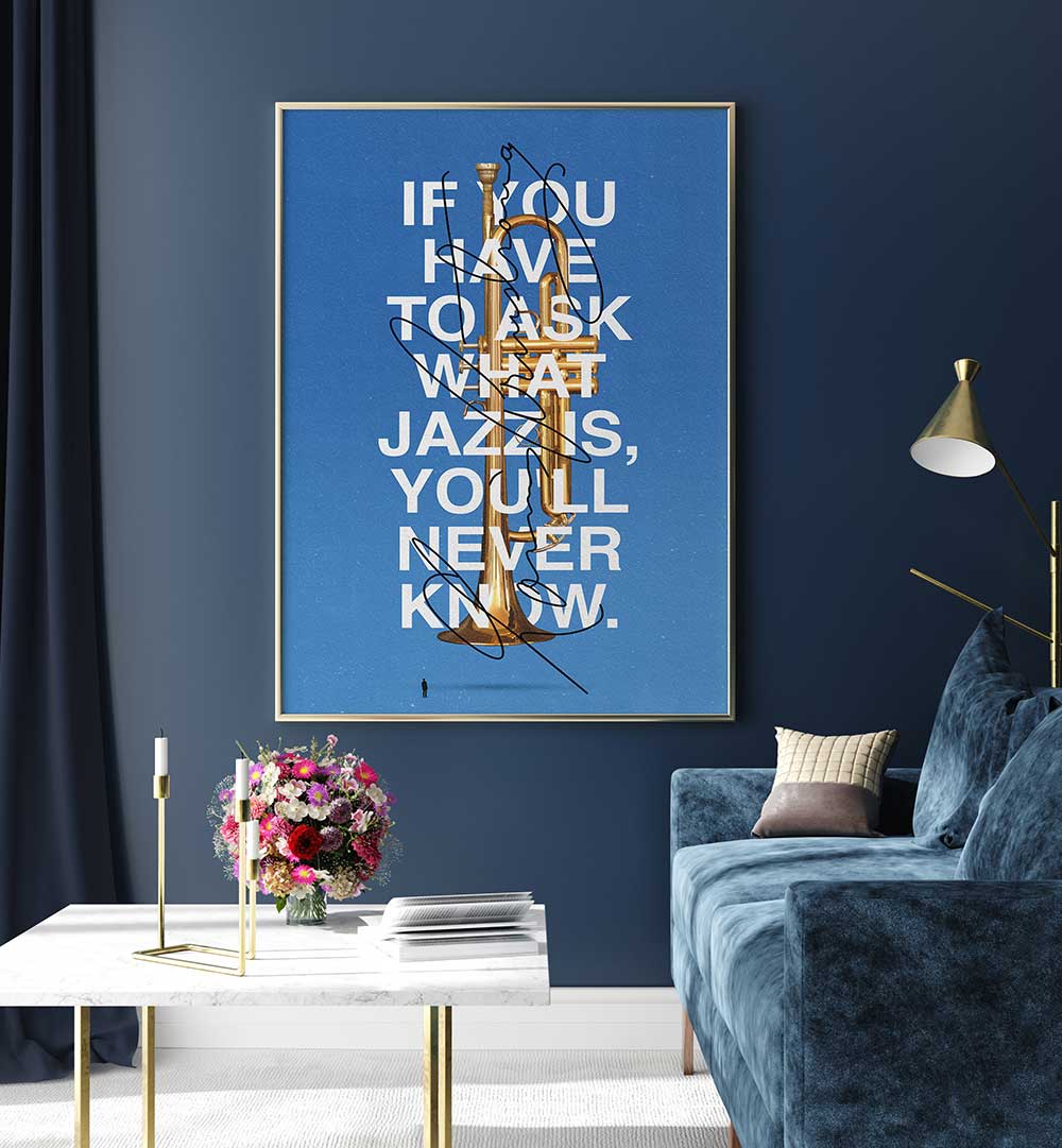 Stylish LOUIS, MUSIC POSTERS featuring a trumpet and jazz quote, perfect for music lovers' decor.