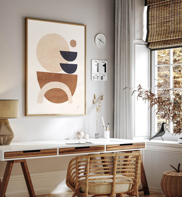 Stylish workspace featuring ABSTRACT MINIMAL SHAPES, GEOMETRIC ART PRINTS, perfect for modern decor enthusiasts.