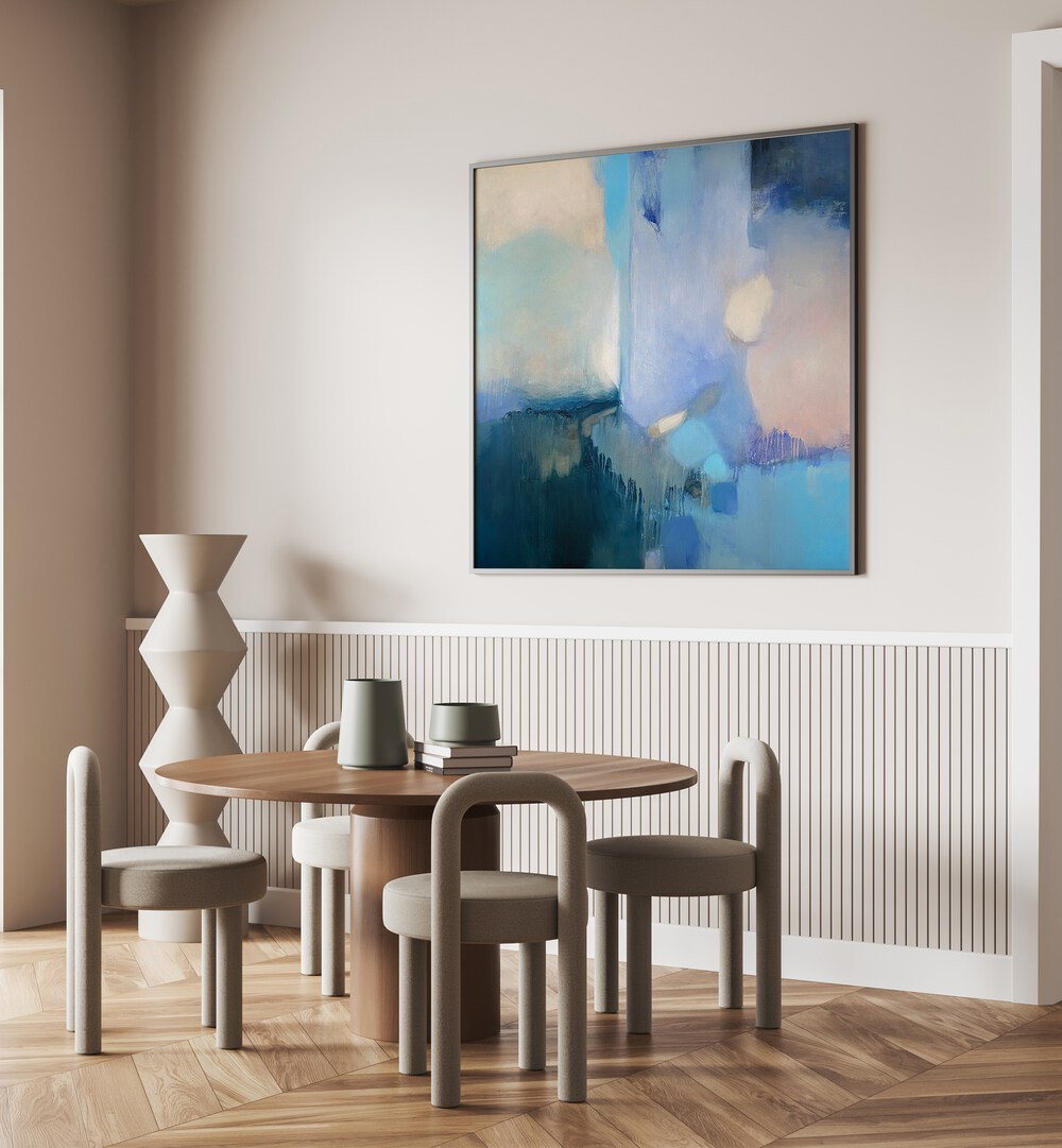 Bright and calming FROZEN HAZE, ABSTRACT PAINTINGS enhance modern interiors with their unique color palette.