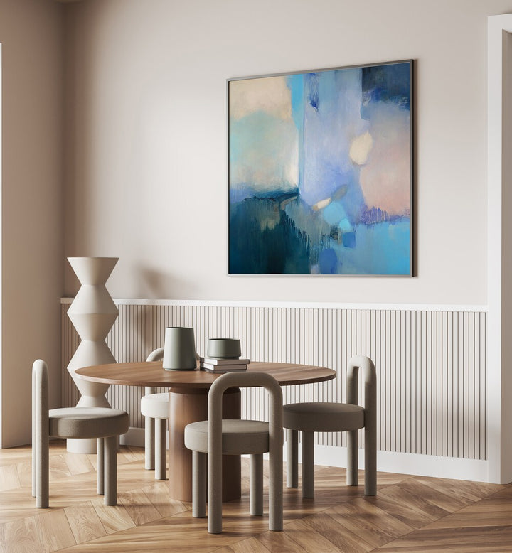 Bright and calming FROZEN HAZE, ABSTRACT PAINTINGS enhance modern interiors with their unique color palette.