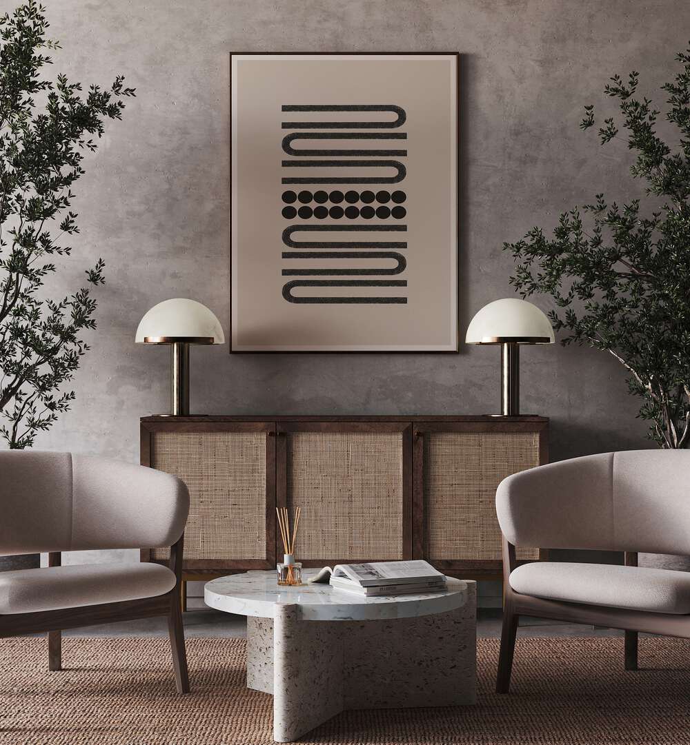 Stylish living room featuring BLACK ARCHES AND DOTS, GEOMETRIC ART PRINTS by The Miuus Studio for a modern touch.