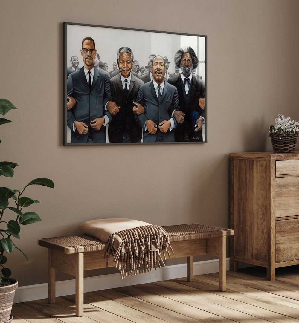 Elegant STRENGTH IN NUMBERS, AFRICAN ART PAINTINGS showcasing iconic figures in a stylish interior setting.