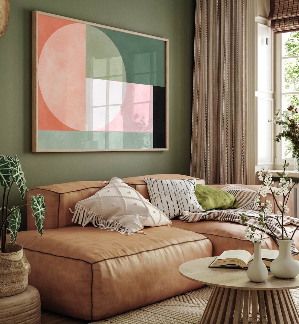 Modern living room featuring HARMONY 4, GEOMETRIC ART PRINTS, showcasing stylish design and elegant decor.