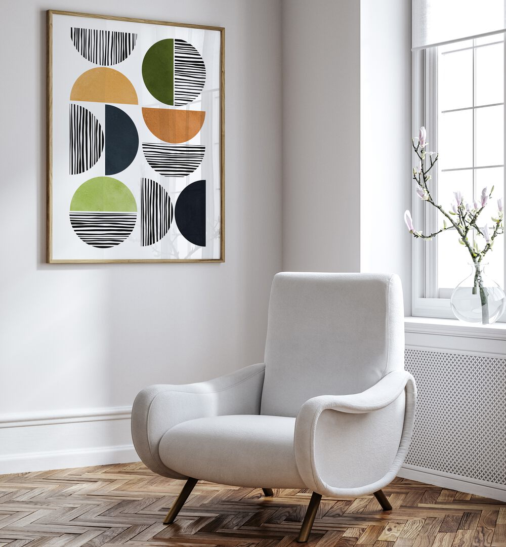 Modern interior featuring LINES AND CIRCLES, GEOMETRIC ART PRINTS, showcasing vibrant shapes and dynamic lines.