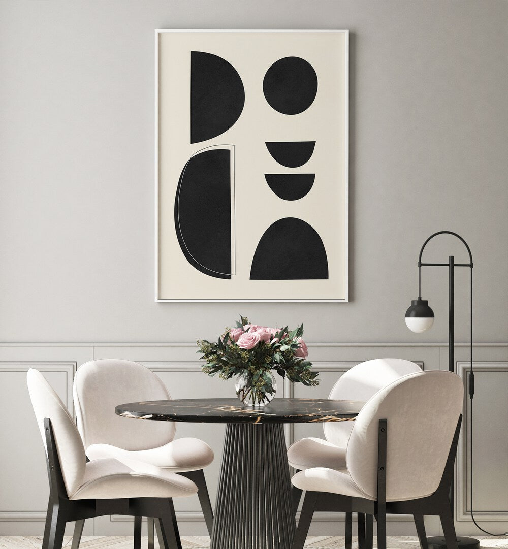 Stylish dining area featuring EXPRESSIVE III, GEOMETRIC ART PRINTS, enhancing modern decor with bold shapes.