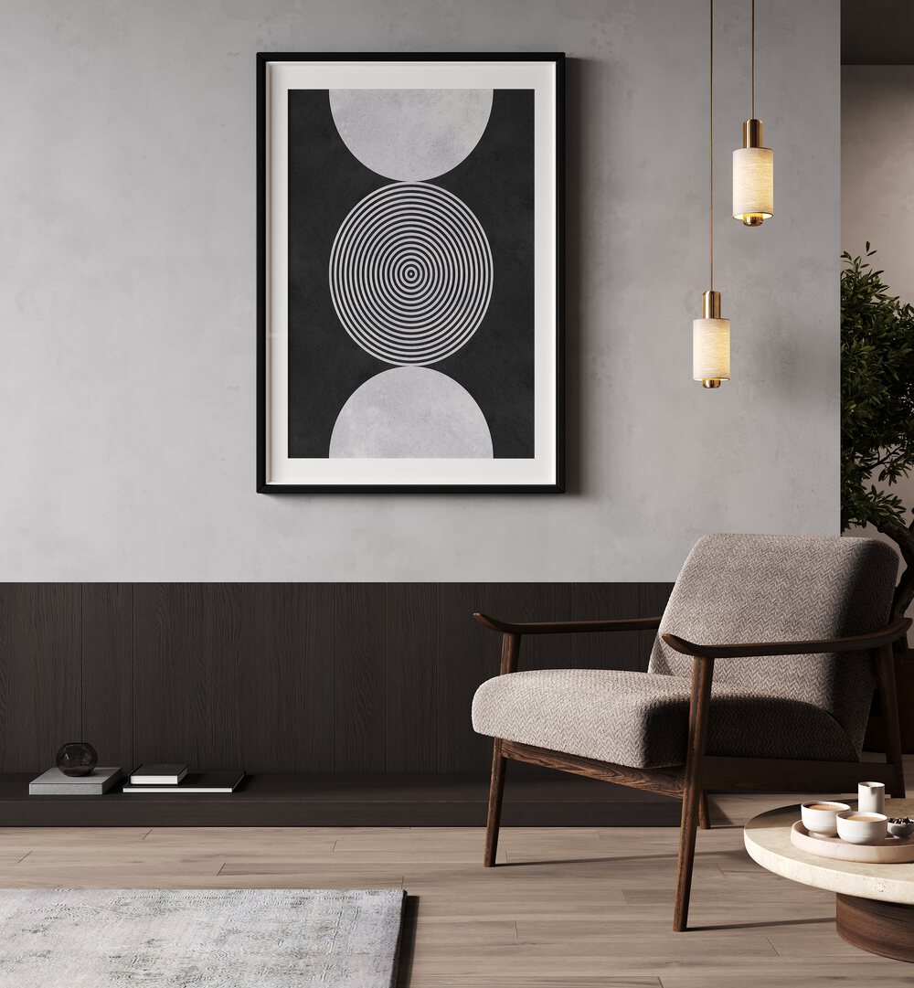 Modern geometric art print featuring colorful circles on a black background, ideal for stylish decor: BLACK BACKGROUND VII, GEOMETRIC ART PRINTS.