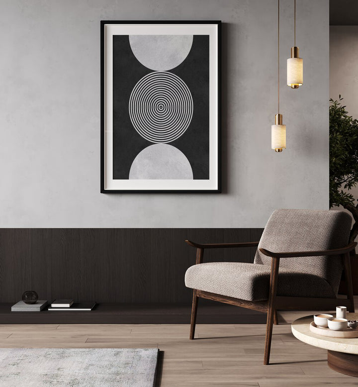 Modern geometric art print featuring colorful circles on a black background, ideal for stylish decor: BLACK BACKGROUND VII, GEOMETRIC ART PRINTS.