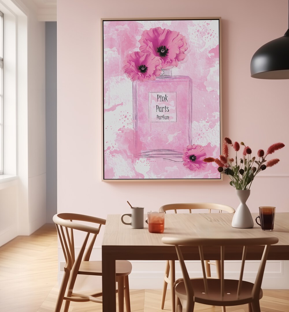 Elegant PINK PARIS PARFUM fashion poster with vibrant florals, perfect for adding charm to any space.