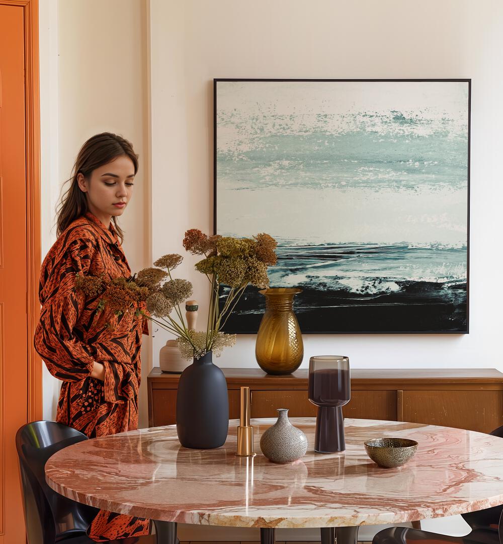 Stylish interior featuring the MINIMAL SEASCAPE, ABSTRACT PAINTINGS, enhancing the elegant living space.