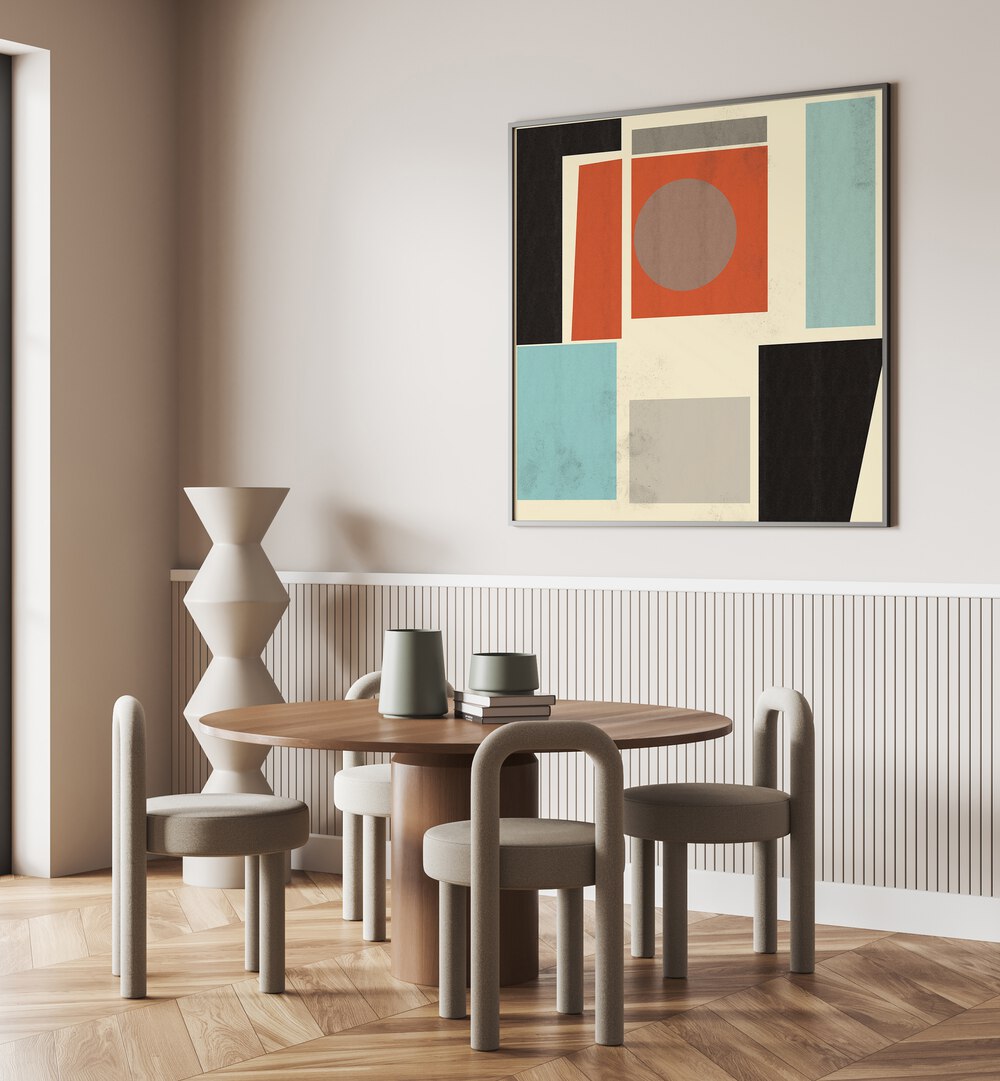 Modern dining space featuring GEOMETRIC POINT I, GEOMETRIC ART PRINTS from The Miuus Studio, enhancing elegance and style.