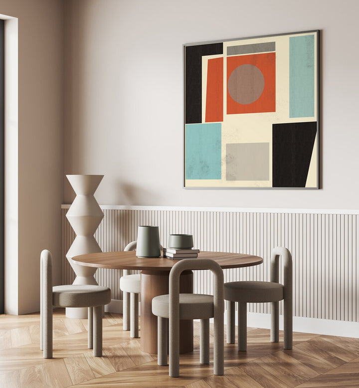 Modern dining space featuring GEOMETRIC POINT I, GEOMETRIC ART PRINTS from The Miuus Studio, enhancing elegance and style.