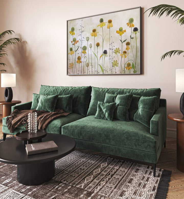 Brighten your space with HELENIUM, FLORAL FLOWER PAINTINGS, elegantly displayed above a cozy green sofa.