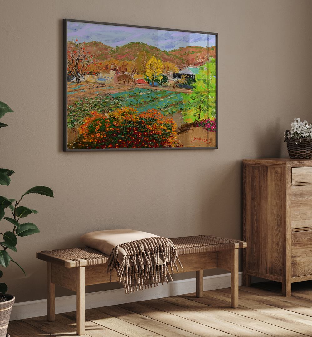 Vibrant CHRYSANTHEMUM VILLAGE, LANDSCAPE PAINTINGS enhancing home decor with colorful nature scenes.