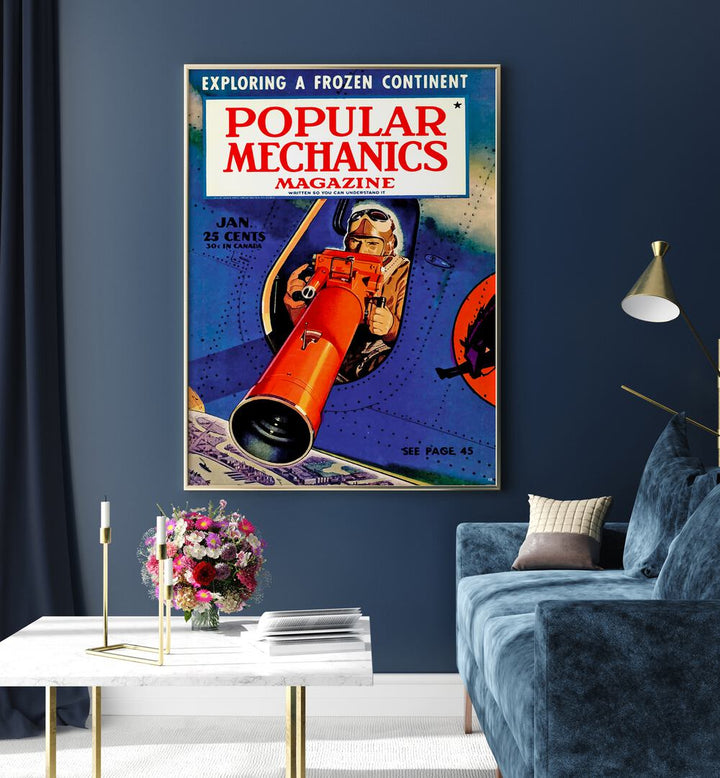 Vintage travel posters featuring POPULAR MECHANICS magazine, showcasing adventurous themes and retro design.