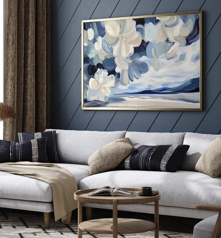 Elegant MAGNOLIA artwork enhances a stylish living room, showcasing premium home decor sophistication.