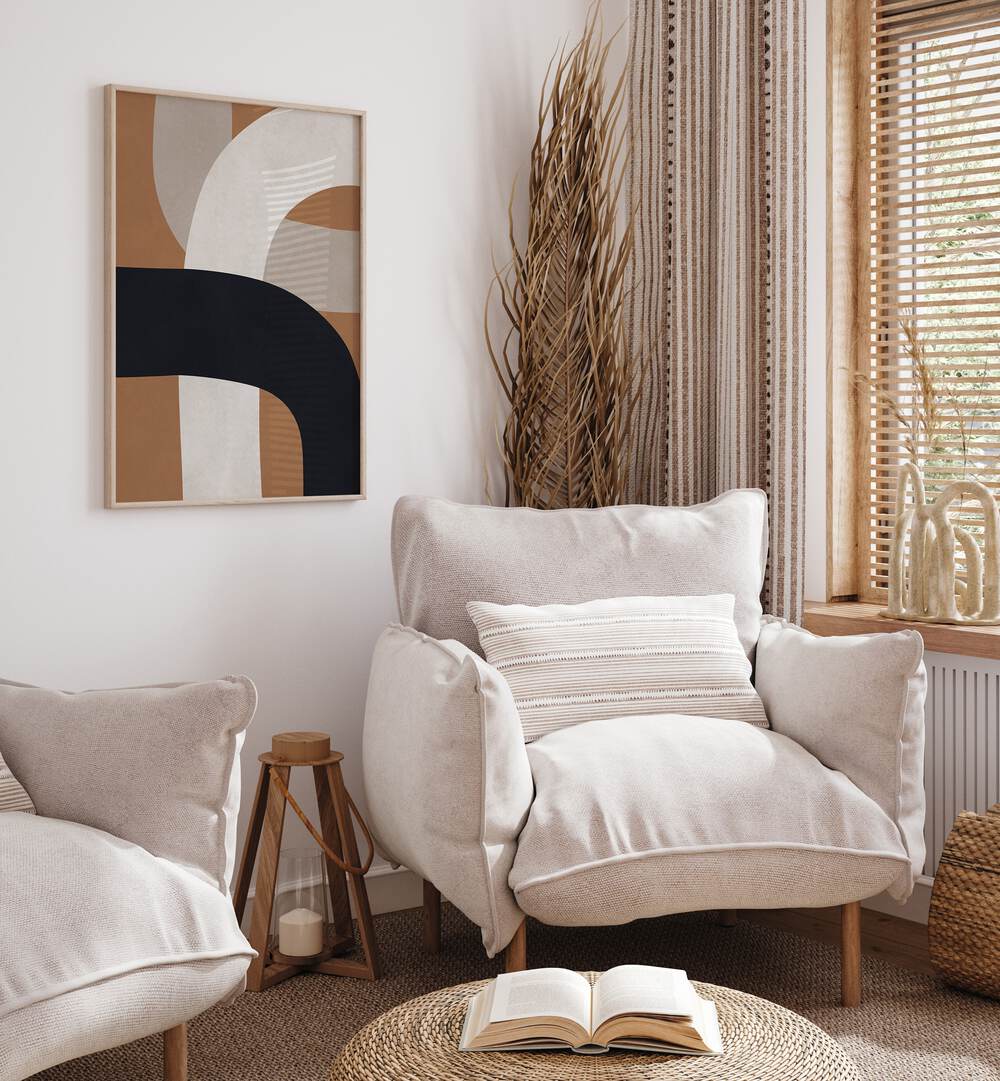Stylish living room featuring UNDULATING CURVES VIII, GEOMETRIC ART PRINTS, enhancing modern decor with elegance.
