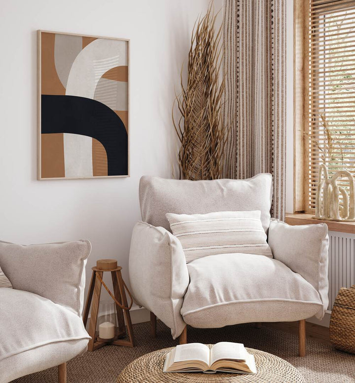 Stylish living room featuring UNDULATING CURVES VIII, GEOMETRIC ART PRINTS, enhancing modern decor with elegance.