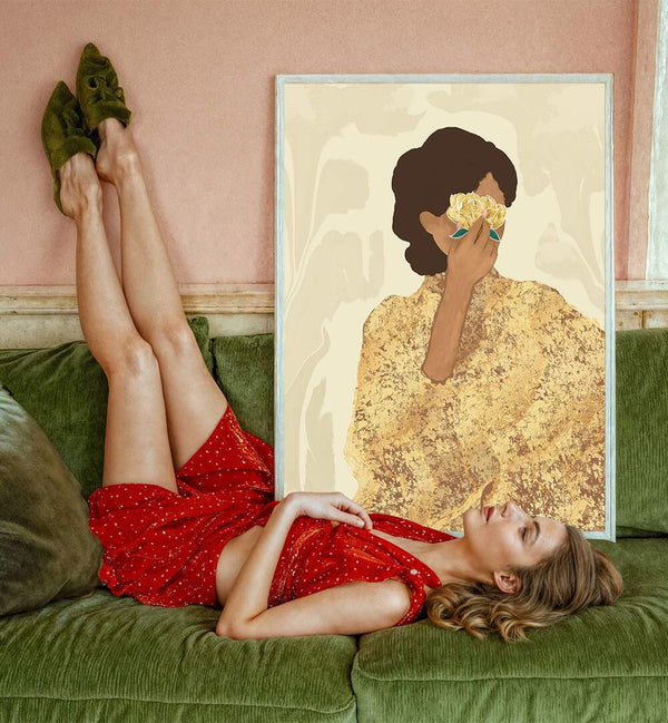 Elegant WOMAN WITH GOLD PEONY, PORTRAITS artwork showcases spirituality and fine art in a captivating design.