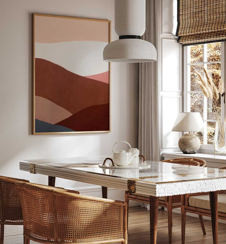 FAR FAR AWAY , ABSTRACT PAINTINGS featuring warm earth tones enhance this cozy dining space with rustic charm.