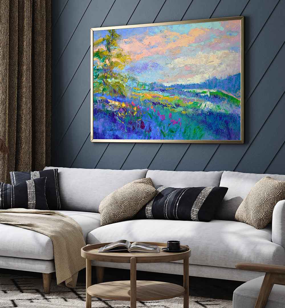 Framed vibrant meadow and sky above sofa showcasing IMPRESSIONIST , LANDSCAPE PAINTINGS on canvas