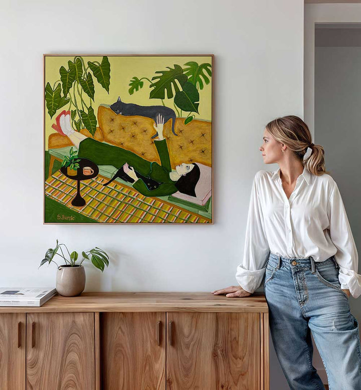 CAT LADY ON COUCH , PORTRAITS & FIGURATIVE ILLUSTRATIONS