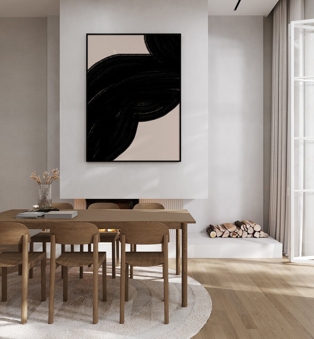 Elegant SIMPLE ARTWORK, ABSTRACT PAINTINGS displayed above a dining table, enhancing modern living space aesthetics.