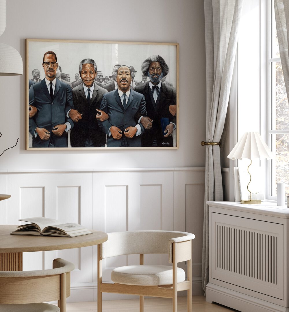Four iconic figures unite in "STRENGTH IN NUMBERS, AFRICAN ART PAINTINGS," symbolizing empowerment and unity.
