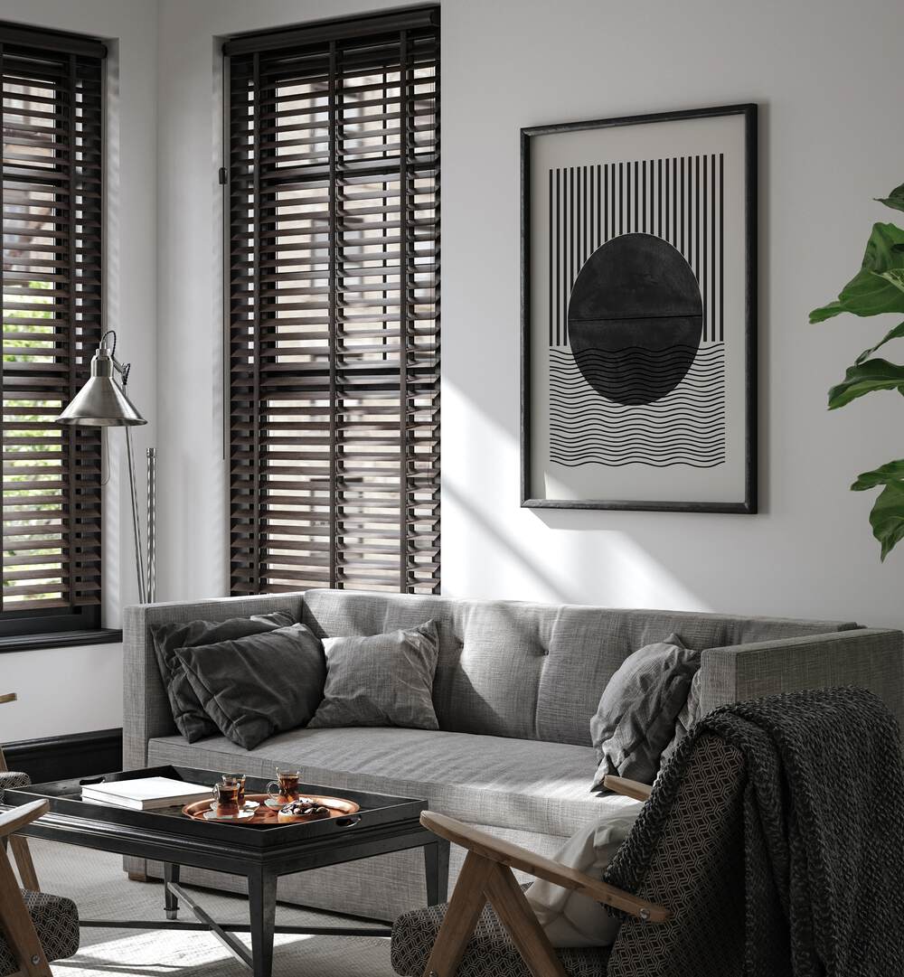 Stylish living room featuring the BAB II, GEOMETRIC ART PRINTS by The Miuus Studio, blending modern elegance and color.