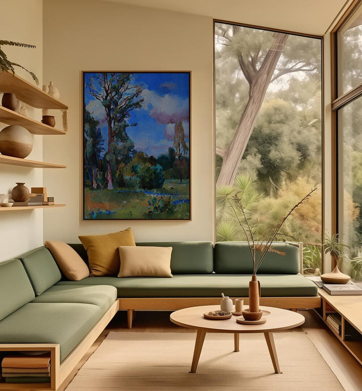 Lush greenery and vibrant colors showcase the beauty of IN THE MEADOW, LANDSCAPE PAINTINGS in a modern living space.