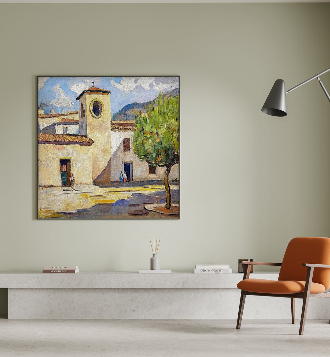 Vibrant art piece showcasing TOWN IN SPAIN, capturing its picturesque landscapes and rich cultural essence.