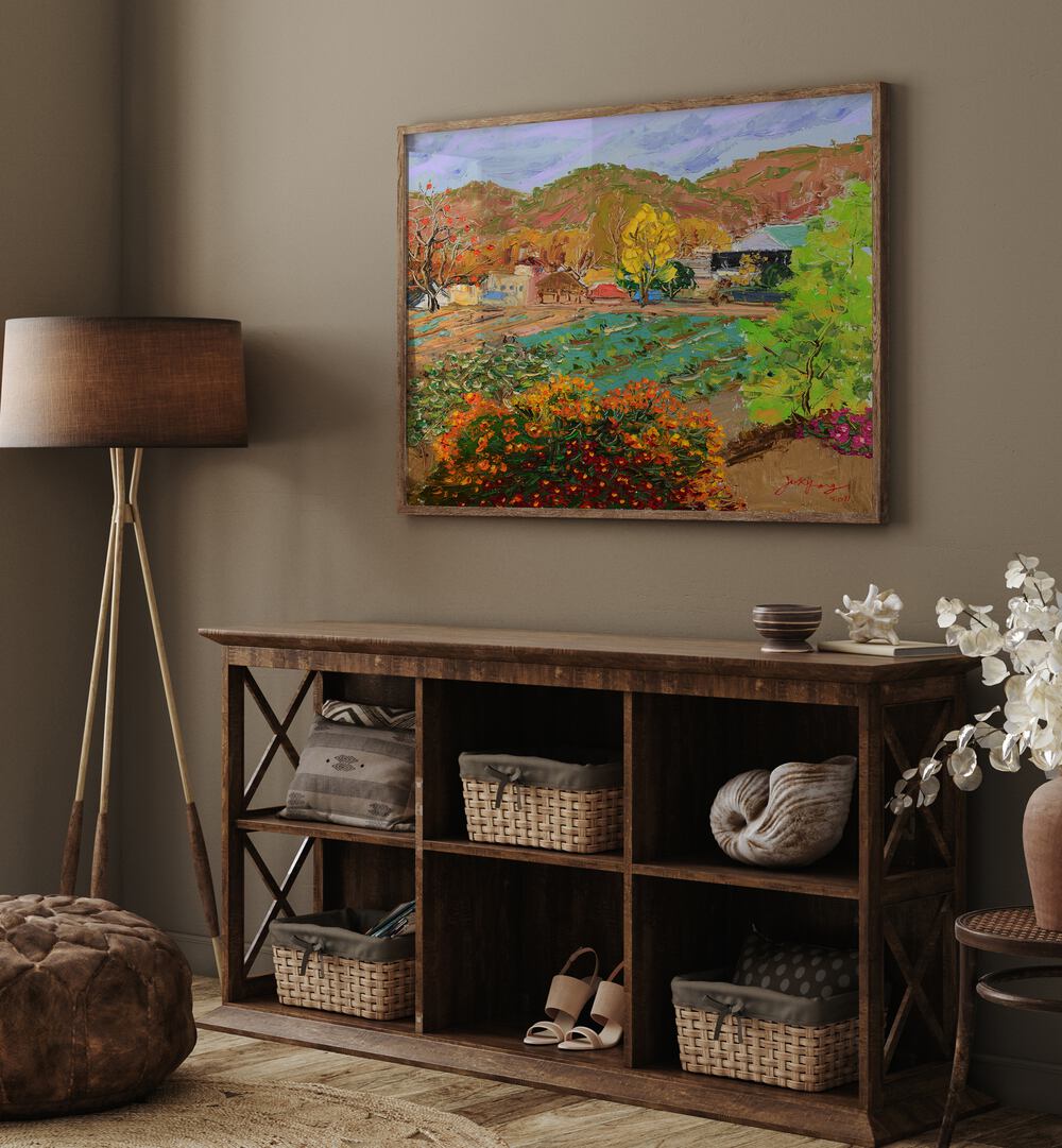 Vibrant CHRYSANTHEMUM VILLAGE, LANDSCAPE PAINTINGS enhancing a modern living space with colorful nature scenery.