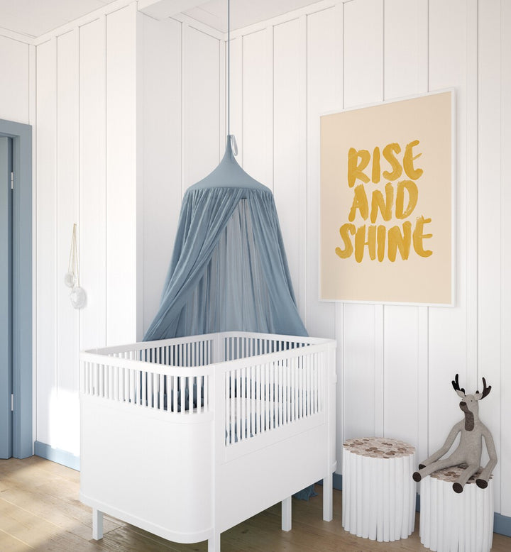 Bright nursery featuring the "RISE AND SHINE, QUOTES" poster by Brett Wilson, inspiring positivity and motivation.