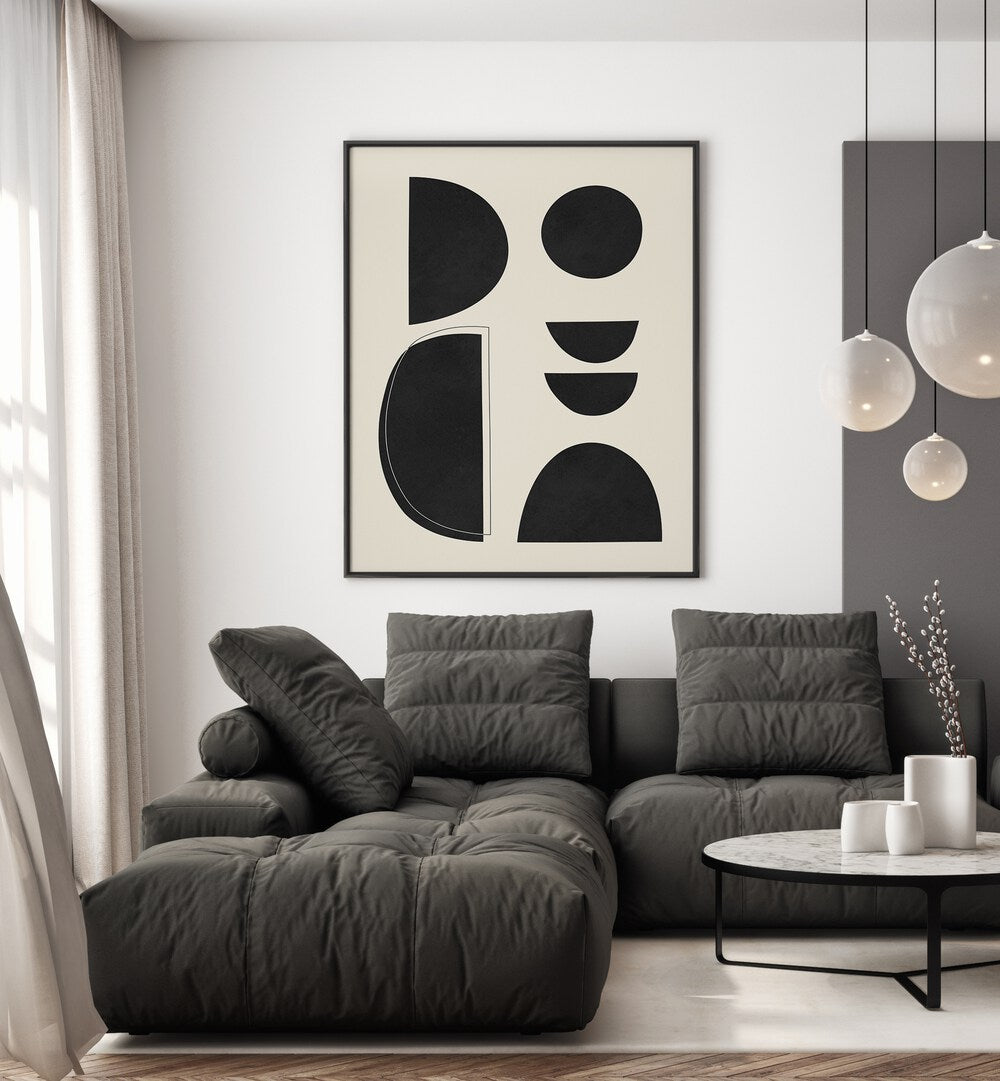 Stylish living room featuring EXPRESSIVE III, GEOMETRIC ART PRINTS that enhance modern decor and creativity.