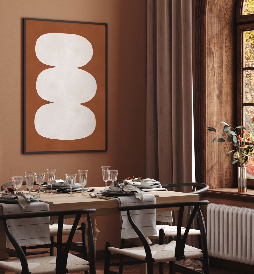 Stylish TRIBAL II, GEOMETRIC ART PRINTS enhancing a modern dining room with warm tones and elegant decor.