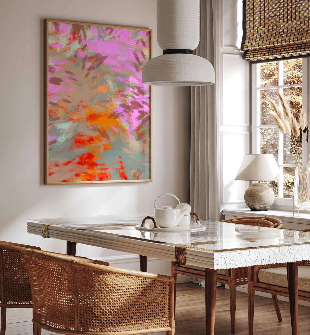 Bright and vibrant LAZY SUMMER DAYS I, ABSTRACT PAINTINGS, enhancing a chic dining space with summer vibes.