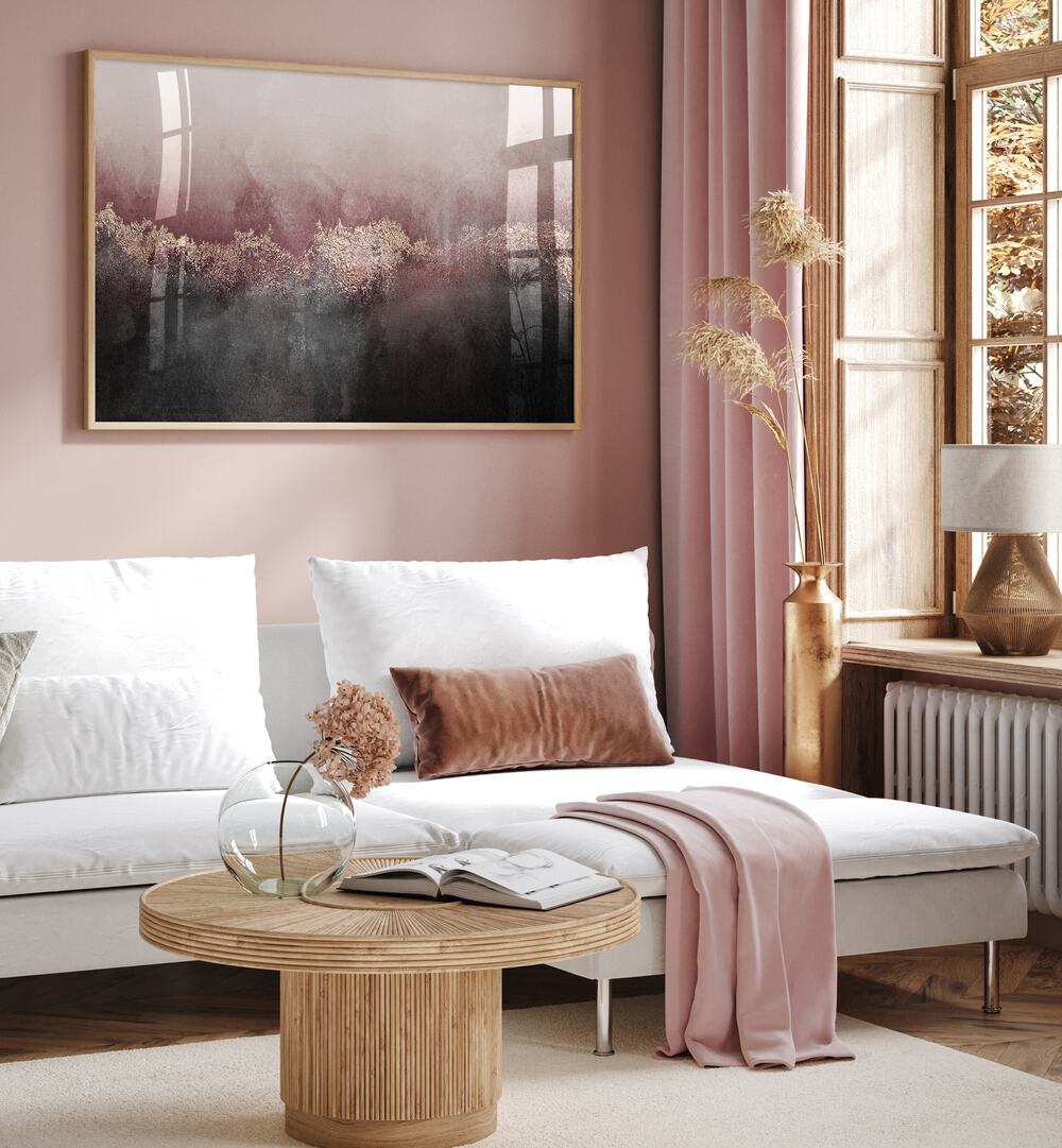 Elegant PINK SKY, ABSTRACT PAINTINGS enhancing a cozy living room with sophisticated style and functionality.