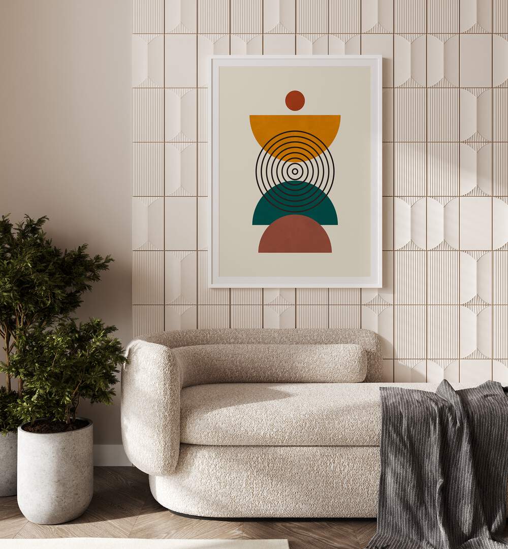 Stylish LINES AND CIRCLES, BOHO ART PAINTINGS framed on a wall, enhancing modern decor with geometric elegance.