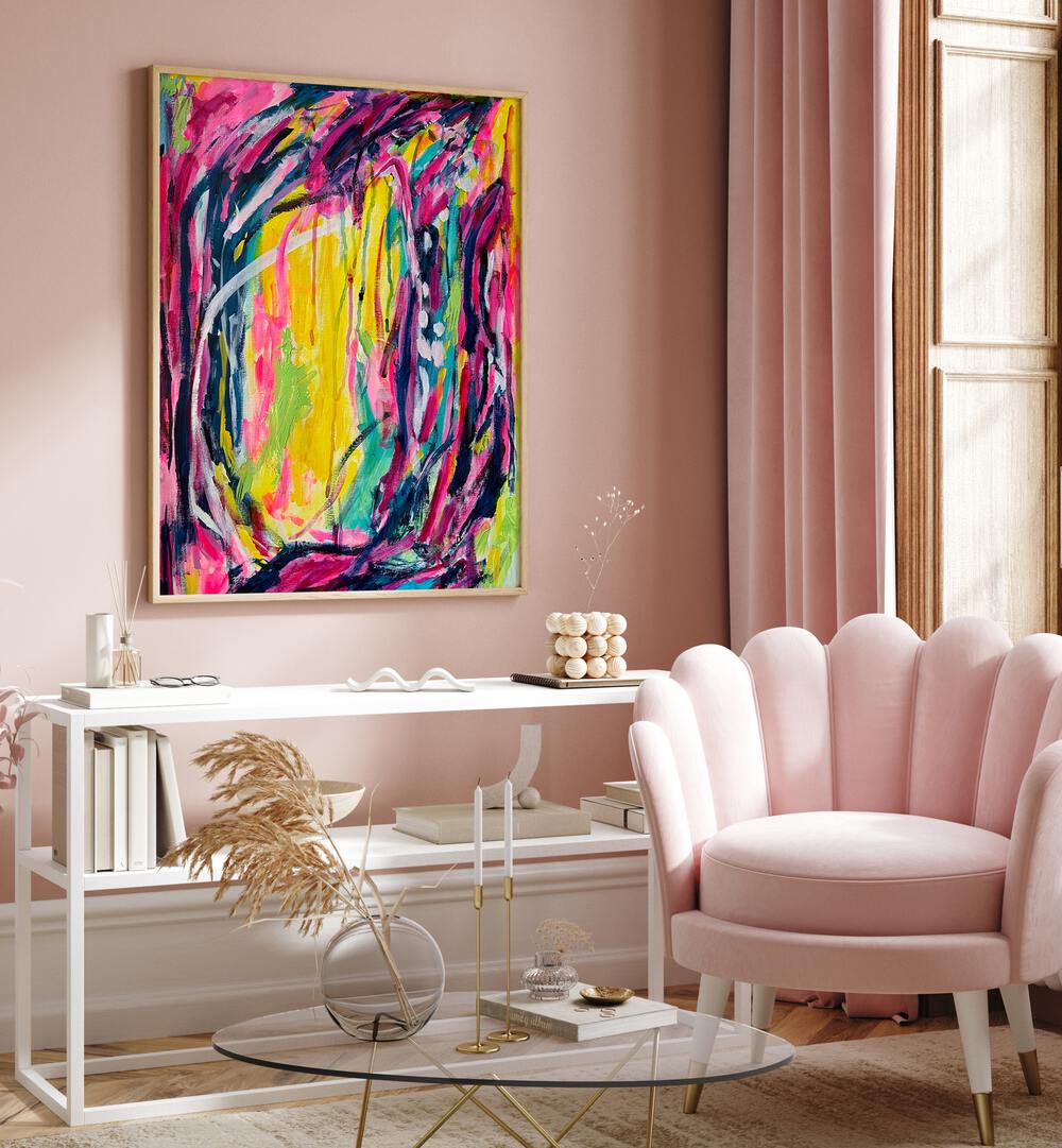 Vibrant PINK DREAMS, ABSTRACT PAINTINGS brighten a chic living space, adding creativity and inspiration.