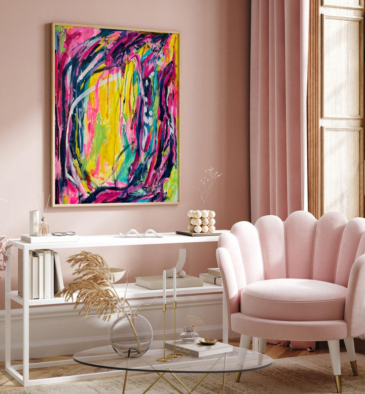 Vibrant PINK DREAMS, ABSTRACT PAINTINGS brighten a chic living space, adding creativity and inspiration.