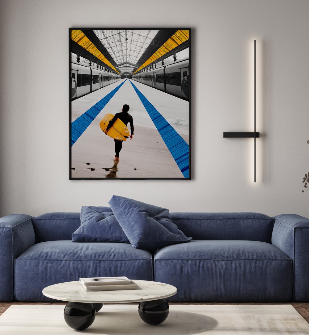 Sleek METRO, SURREAL ART PRINTS adorn a modern living space, enhancing style with vibrant colors and design.