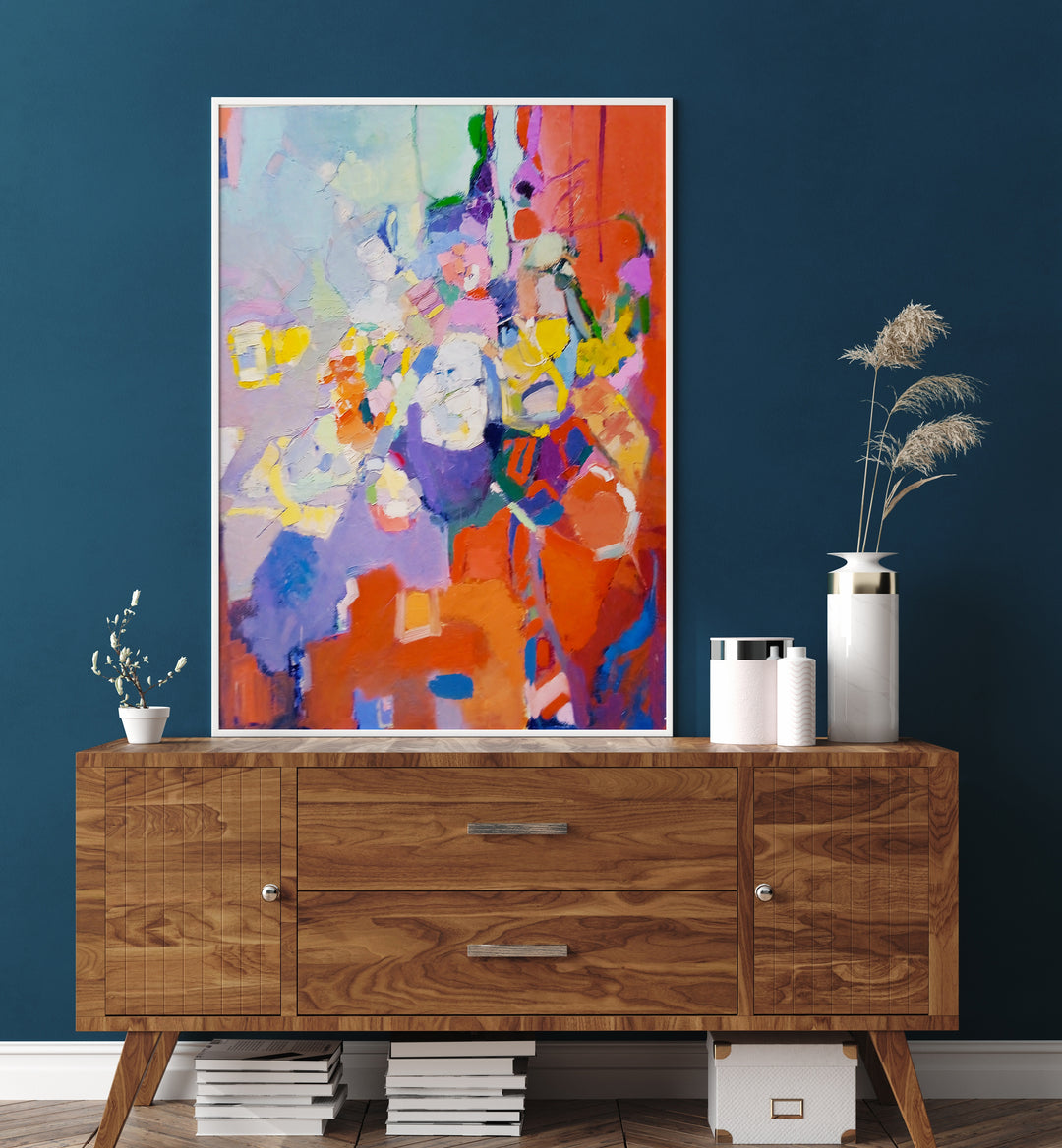 Vibrant ORIGINAL RUG paired with ABSTRACT PAINTINGS, enhancing modern home decor in a stylish living space.