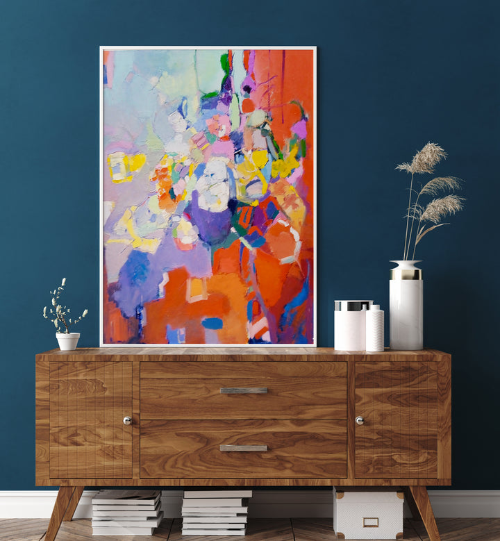 Vibrant ORIGINAL RUG paired with ABSTRACT PAINTINGS, enhancing modern home decor in a stylish living space.