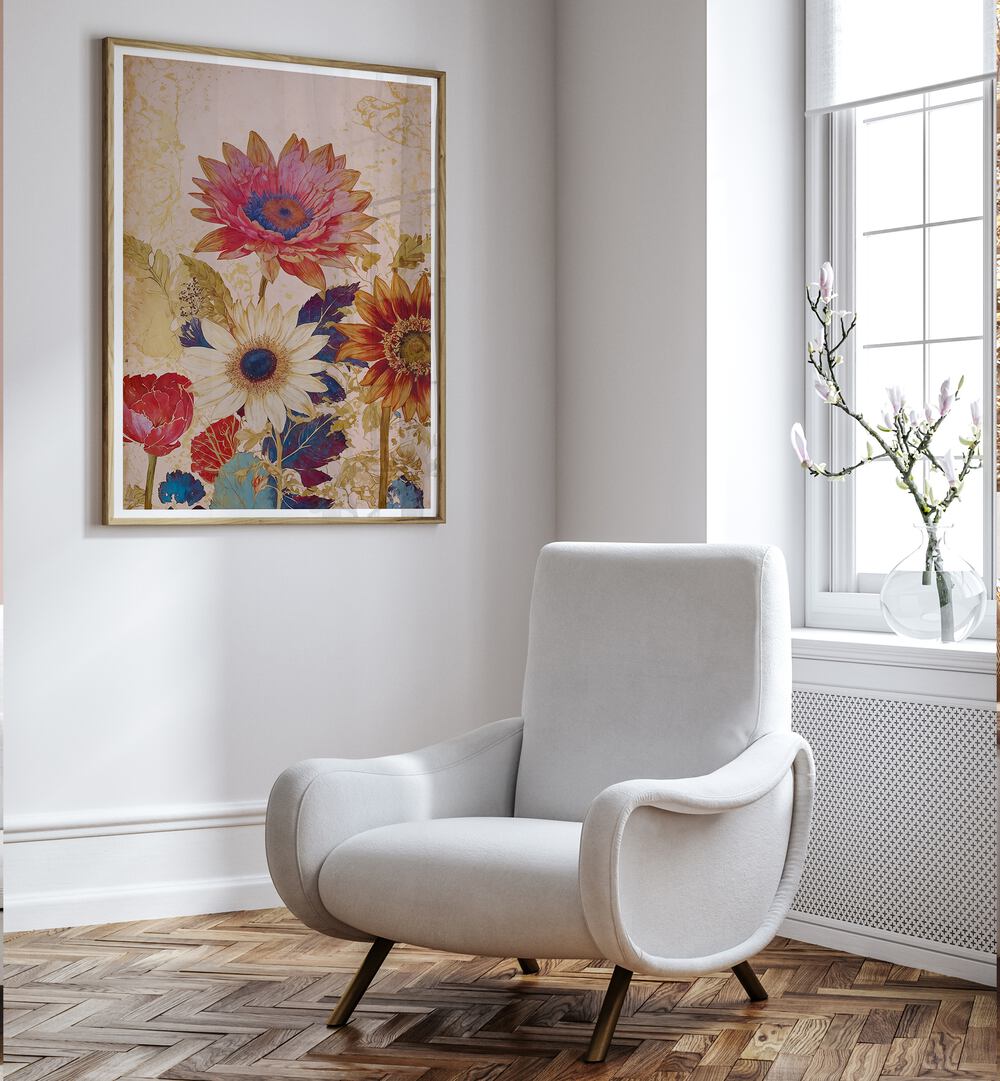 Bright and colorful VINTAGE FLOWERS, FLORAL FLOWER PAINTINGS adorn a wall, enhancing the room's charm and warmth.