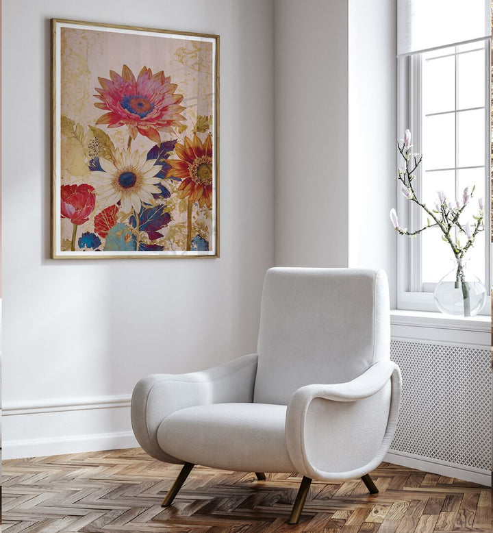 Bright and colorful VINTAGE FLOWERS, FLORAL FLOWER PAINTINGS adorn a wall, enhancing the room's charm and warmth.