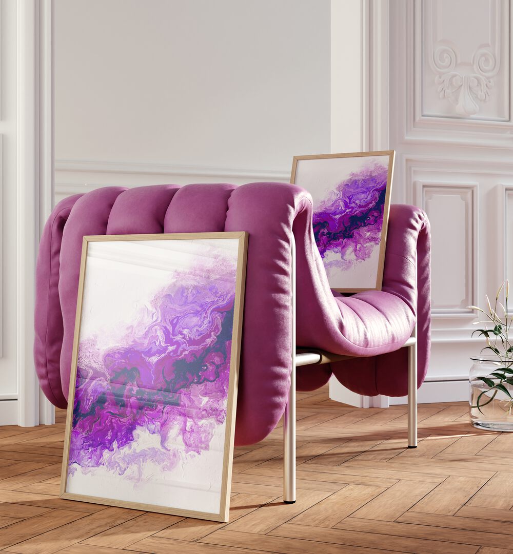 Stunning RAINBOW SMOKE 2, ABSTRACT PAINTINGS displayed on a pink chair, blending vibrant colors for a joyful ambiance.